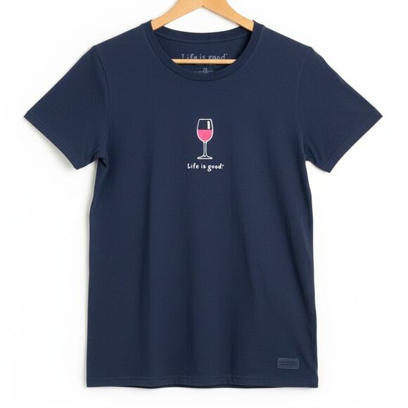 Life is Good Womens M Vintage Leisure Outdoors Funny Wine Graphic Navy Blue Tee - Picture 1 of 9